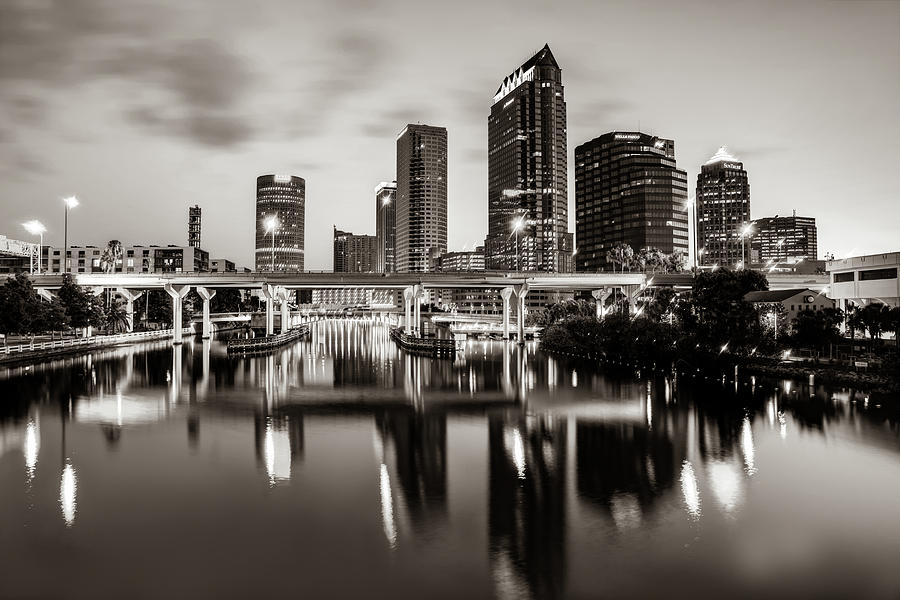 Tampa Skyline Photograph - Tampa Florida Skyline Reflections in Sepia by Gregory Ballos