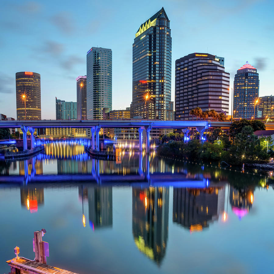 Tampa Skyline Photograph - Tampa Skyline at Dawn Over The Riverwalk 1x1 by Gregory Ballos