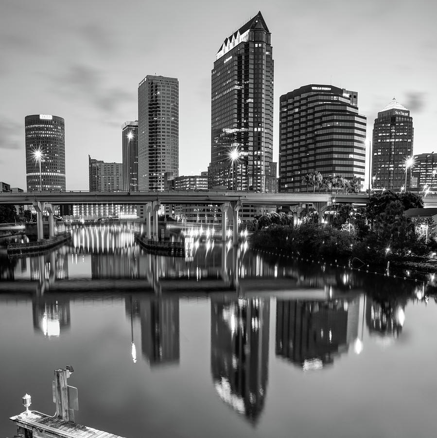 Tampa Skyline Photograph - Tampa Skyline at Dawn Over The Riverwalk in Monochrome 1x1 by Gregory Ballos