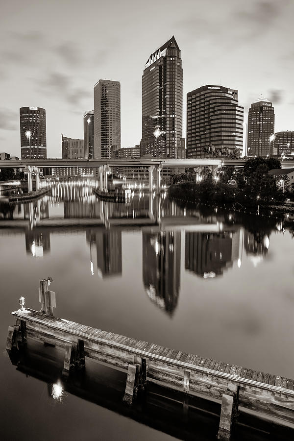 Tampa Skyline Photograph - Tampa Skyline at Dawn Over The Riverwalk in Sepia by Gregory Ballos