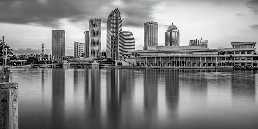 Tampa Skyline Photograph - Tampa Skyline Panoramic Bay Reflections - Black and White by Gregory Ballos