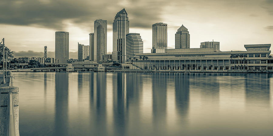 Tampa Skyline Photograph - Tampa Skyline Panoramic Bay Reflections - Sepia Edition by Gregory Ballos