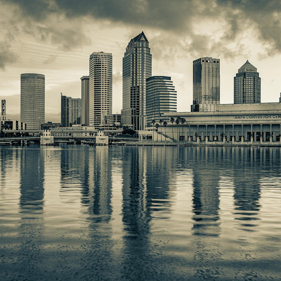 Tampa Skyline Sepia Architecture on the Bay - 1x1 Photograph by Gregory Ballos