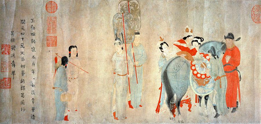 Tang Dynasty Scroll, Emperor Xuanzong -712-756- watching his favourite Yang Guifei a horse -right... Painting by Album