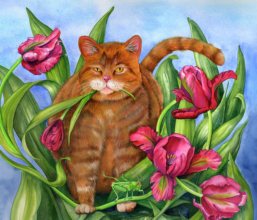 Animal Painting - Tango In The Tulips by Mindy Lighthipe- Artist Llc