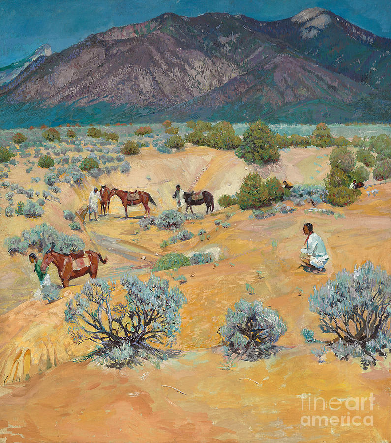 Taos Landscape with Indians   Painting by Walter Ufer