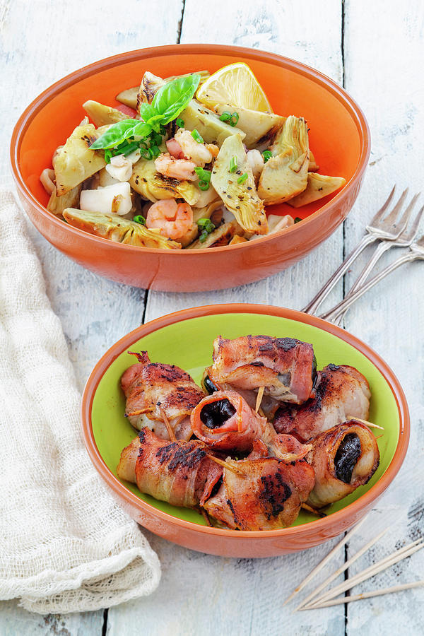 Tapas: Artichoke Salad And Prunes Wrapped In Bacon spain Photograph by Jan Wischnewski