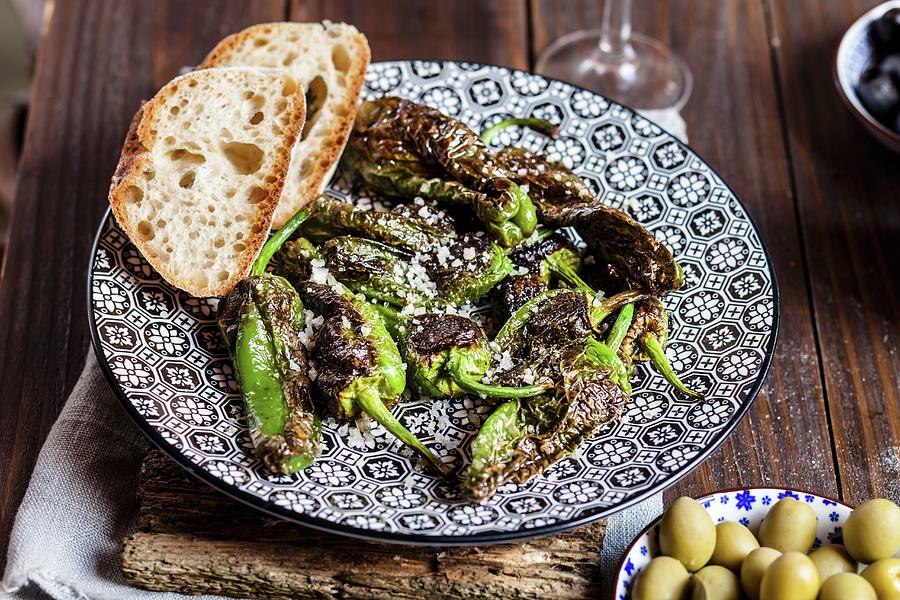 Tapas: Pimientos De Padron roasted Peppers With Sea Salt And Bread spain Photograph by Susan Brooks-dammann