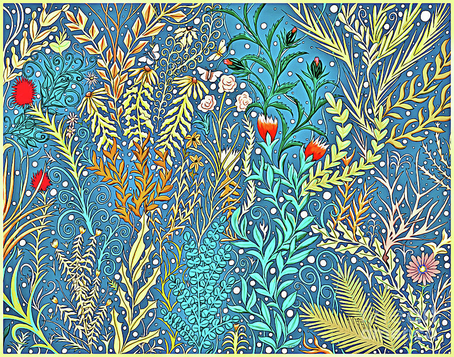 Tapestry and Home Decor Design in Cerulean Blue and Yellow with Vines, Flowers, and Butterflies Mixed Media by Lise Winne