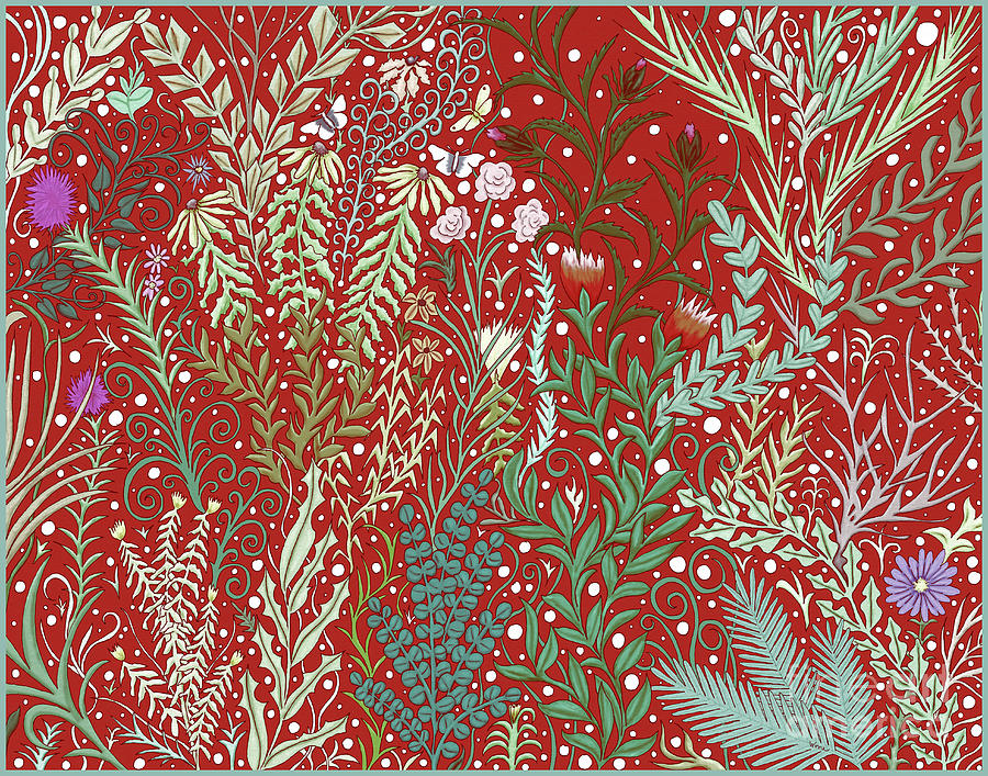 Tapestry and Rug Design in Dark Red with Millefleurs and Butterflies, Old World Digital Art by Lise Winne