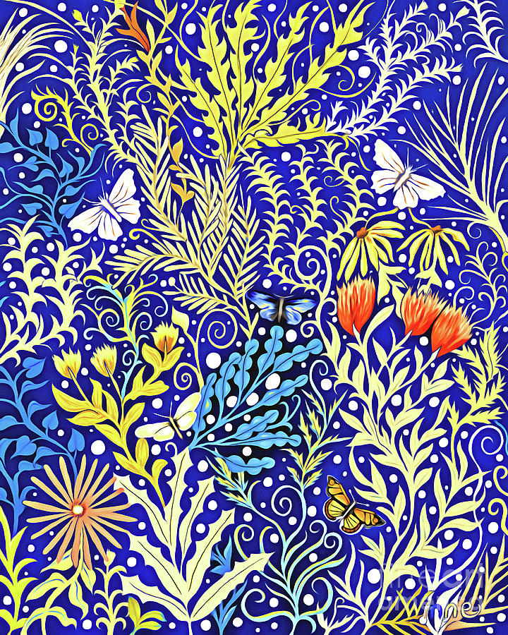 Tapestry Design in Blue and Yellow with Orange Flowers and White Butterflies Mixed Media by Lise Winne