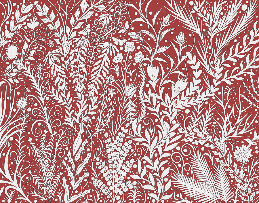 Tapestry Design in Brick Red and Light Gray with Leaves and Flowers Tapestry - Textile by Lise Winne