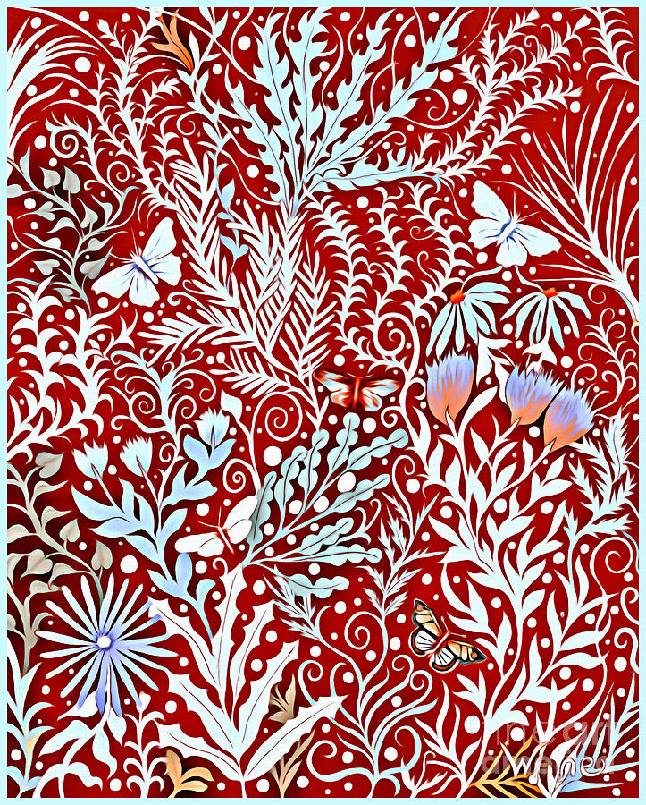 Tapestry Design in Brick Red with White Butterflies and Celadon Colored Foliage Tapestry - Textile by Lise Winne