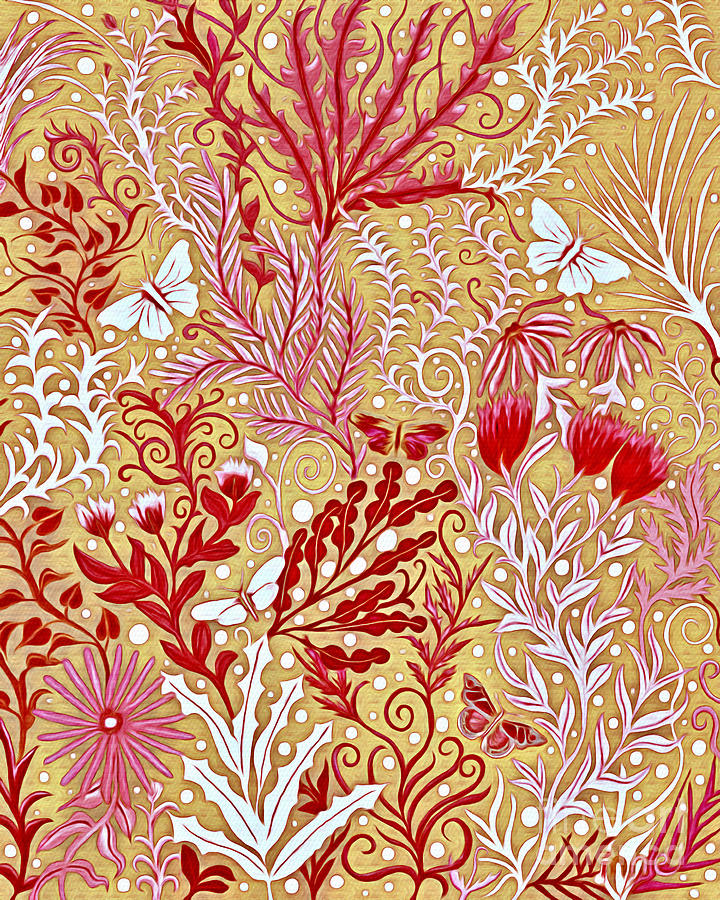 Tapestry Design with red and pink on a gold background Mixed Media by Lise Winne