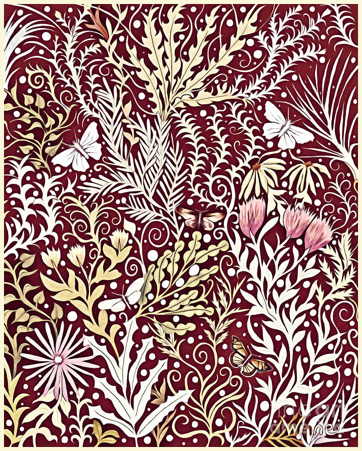 Tapestry Design, With White Butterflies, In a Deep Rich Red Mixed Media by Lise Winne