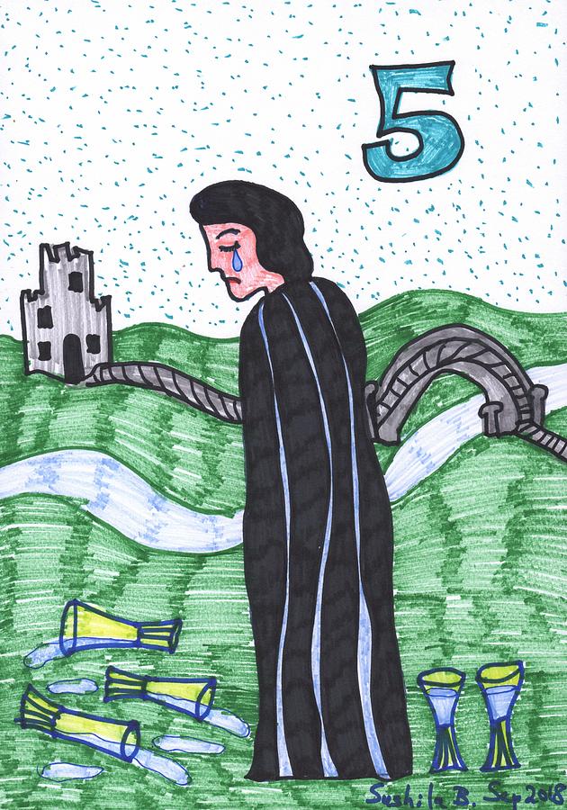Tarot Drawing - Tarot of the Younger Self Five of Cups by Sushila Burgess Tarot Drawing - Tarot of the Younger Self Five of Cups by Sushila Burgess