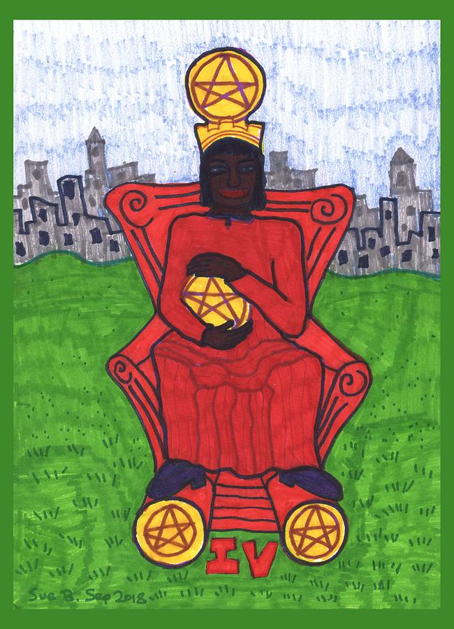 Tarot Drawing - Tarot of the Younger Self Four of Pentacles by Sushila Burgess Tarot Drawing - Tarot of the Younger Self Four of Pentacles by Sushila Burgess