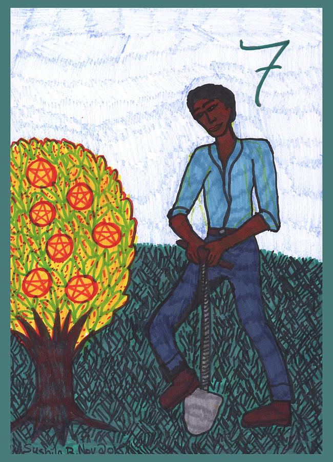 Tarot Drawing - Tarot of the Younger Self Seven of Pentacles by Sushila Burgess Tarot Drawing - Tarot of the Younger Self Seven of Pentacles by Sushila Burgess