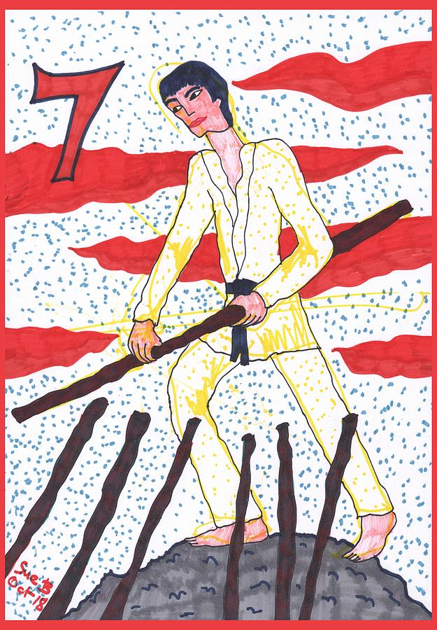 Tarot Drawing - Tarot of the Younger Self Seven of Wands by Sushila Burgess Tarot Drawing - Tarot of the Younger Self Seven of Wands by Sushila Burgess