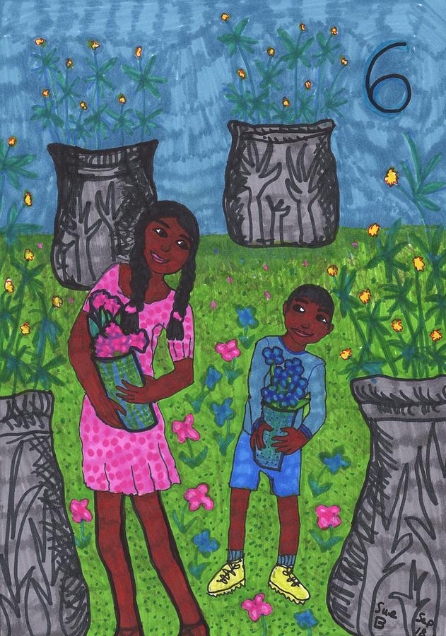 Tarot Drawing - Tarot of the Younger Self Six of Cups by Sushila Burgess Tarot Drawing - Tarot of the Younger Self Six of Cups by Sushila Burgess