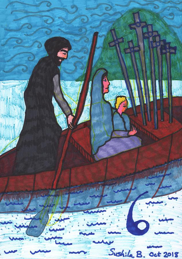 Tarot Drawing - Tarot of the Younger Self Six of Swords by Sushila Burgess Tarot Drawing - Tarot of the Younger Self Six of Swords by Sushila Burgess