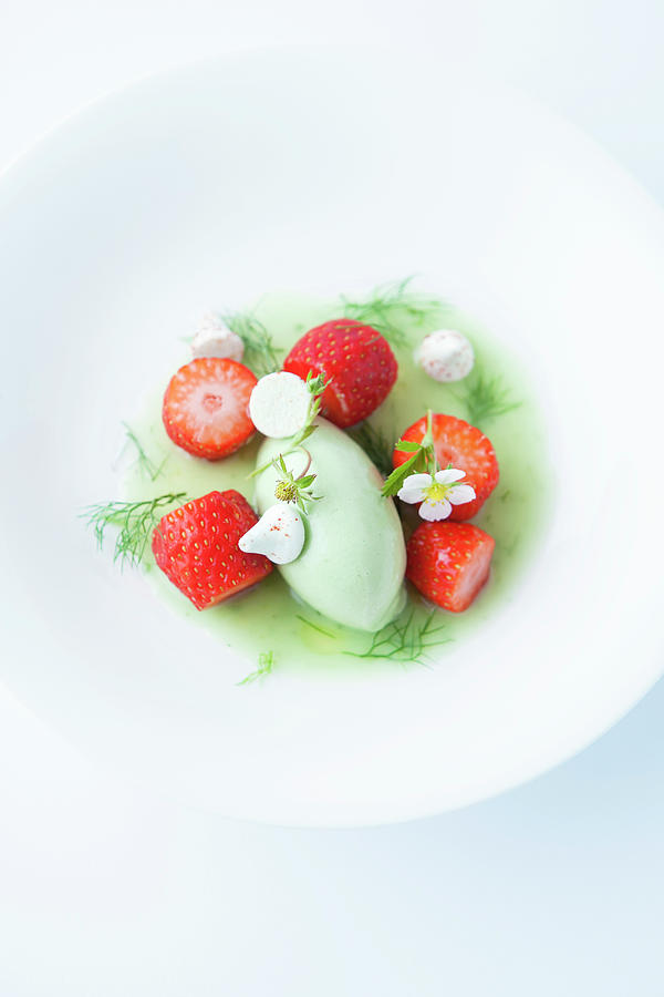 Tarragon Ice Cream On Fennel Sauce And Strawberries Photograph by Michael Wissing