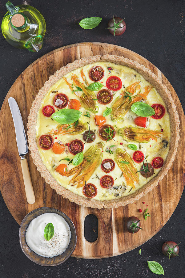 Tart With Courgette Flowers And Cherry Tomatoes Photograph by Aleksandra Kordalska