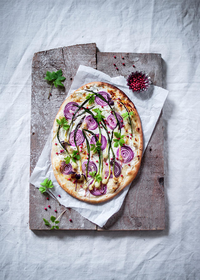 Tarte Flambe With Wild Garlic, Red Onions, Pink Pepper And Ground-elder Photograph by Carolin Strothe