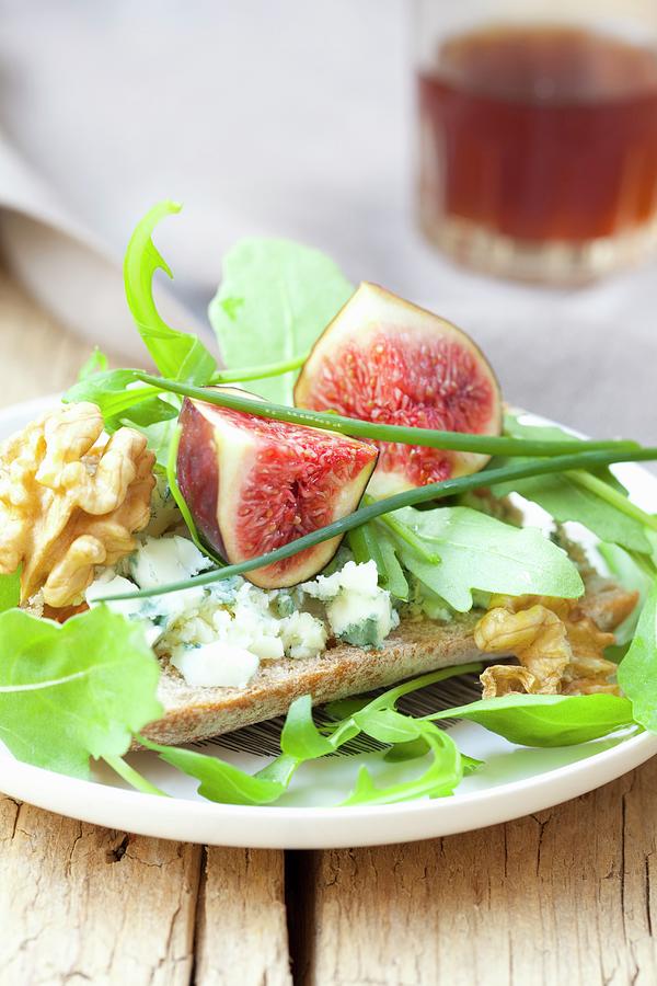 Bread Photograph - Tartine With Rocket, Roquefort, Walnuts And Figs by Hilde Mche
