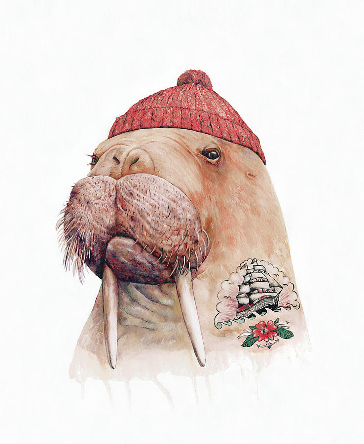 Walrus Painting - Tattooed Walrus Red by Animal Crew