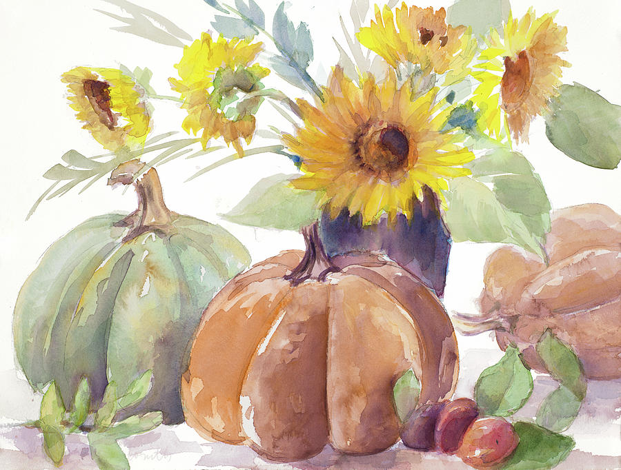 Sunflower Mixed Media - Tawny Sunflowers And Pumpkins by Lanie Loreth