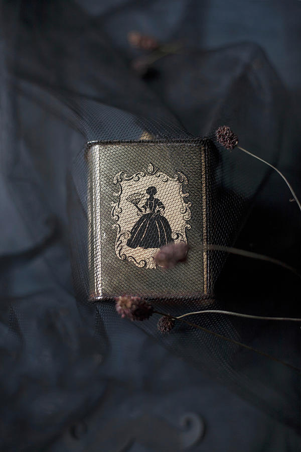 Tea Caddy With Silhouette Ornamentation Under Tulle On Crumpled Black Fabric Photograph by Alicja Koll
