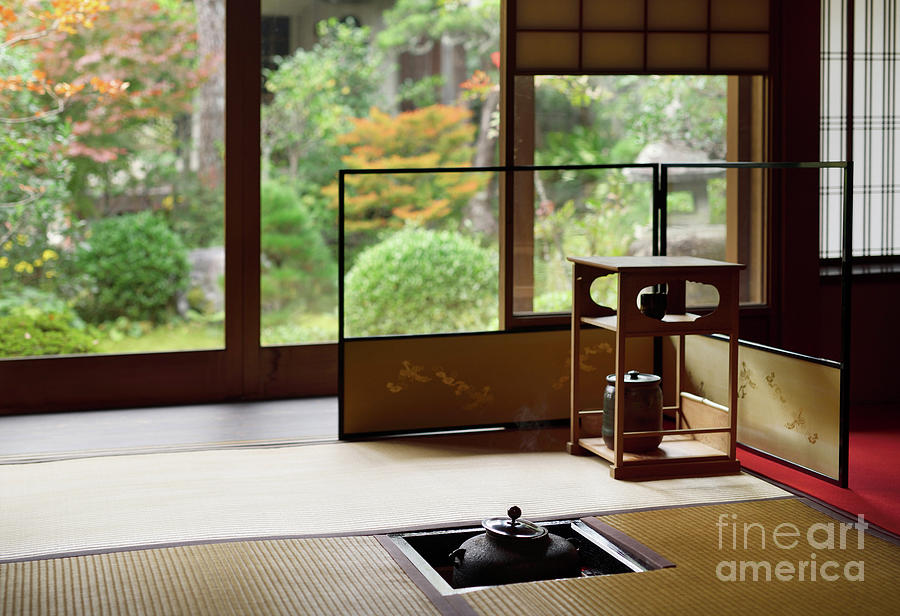 Tea Ceremony Room With A Steaming Iron Kettle Kama In A Traditio