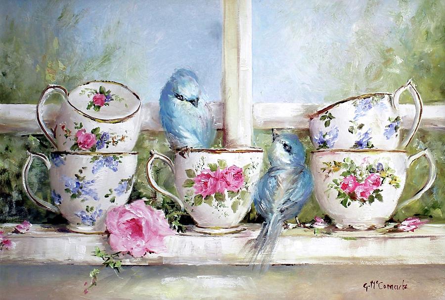 Tea cups and Birds on the window sill Painting by Gail McCormack