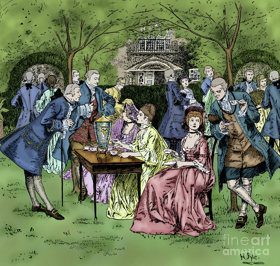 Tea party in colonial New England, 1700s by Howard Pyle Painting by Howard Pyle