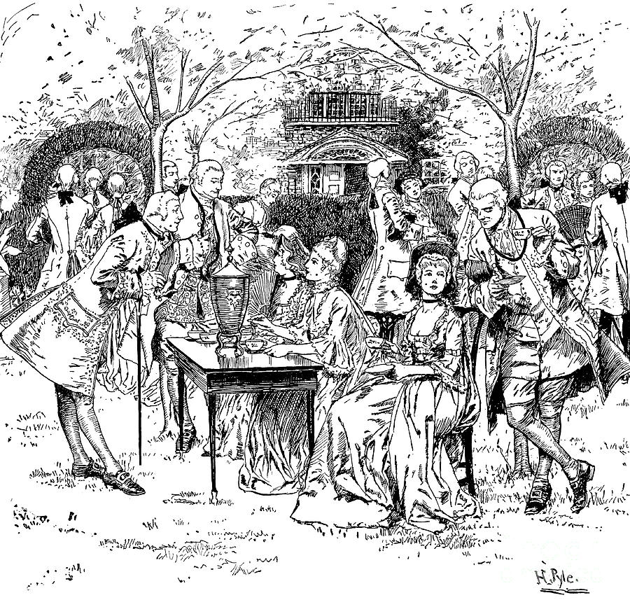 Howard Pyle Drawing - Tea party in colonial New England by Howard Pyle