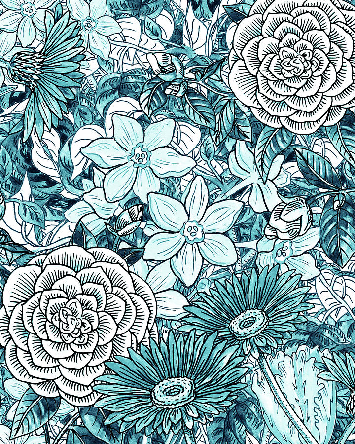 Teal Blue Watercolor Botanical Flowers Garden Pattern Flowerbed I Painting by Irina Sztukowski
