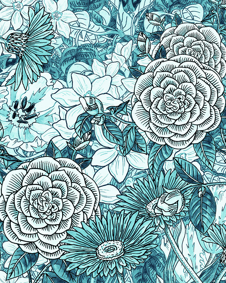 Teal Blue Watercolor Botanical Flowers Garden Pattern Flowerbed II Painting by Irina Sztukowski