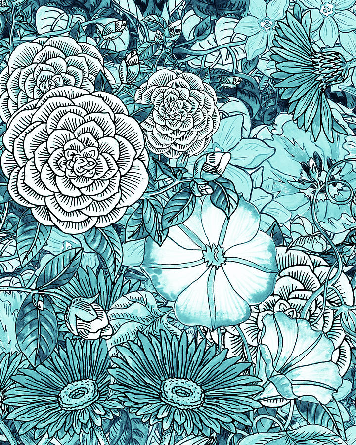 Teal Blue Watercolor Botanical Flowers Garden Pattern Flowerbed III Painting by Irina Sztukowski