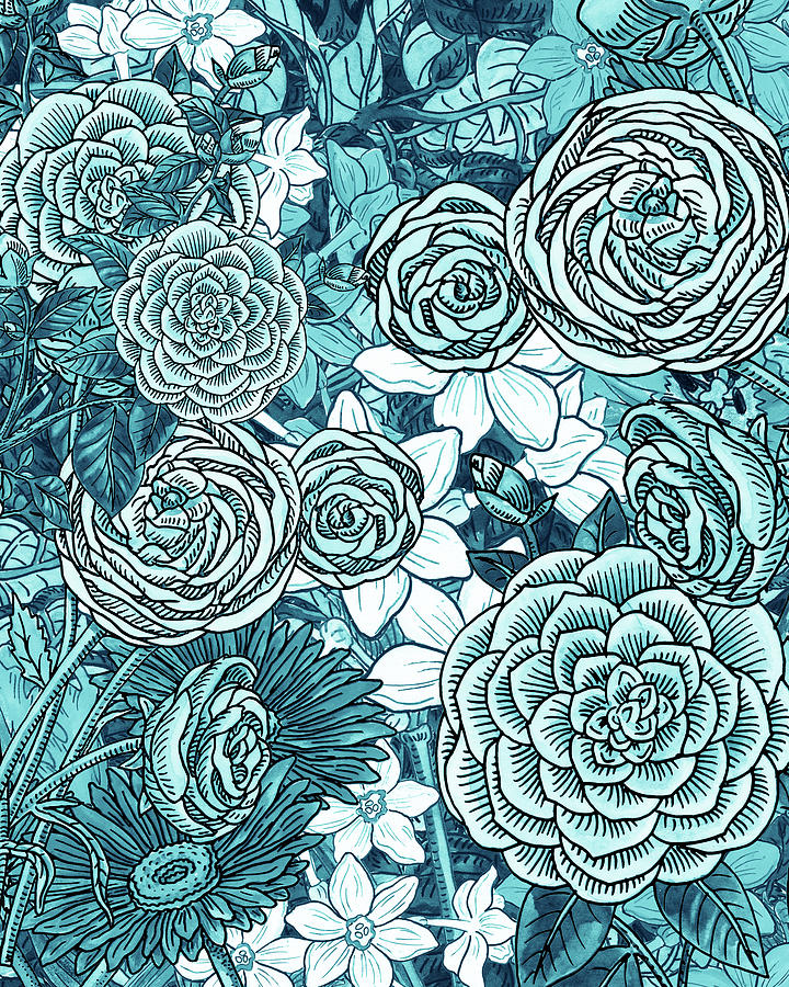 Teal Blue Watercolor Botanical Flowers Garden Pattern Flowerbed IV Painting by Irina Sztukowski