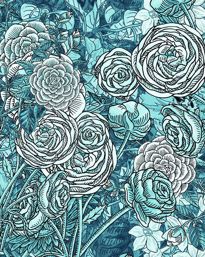 Teal Blue Watercolor Botanical Flowers Garden Pattern Flowerbed V Painting