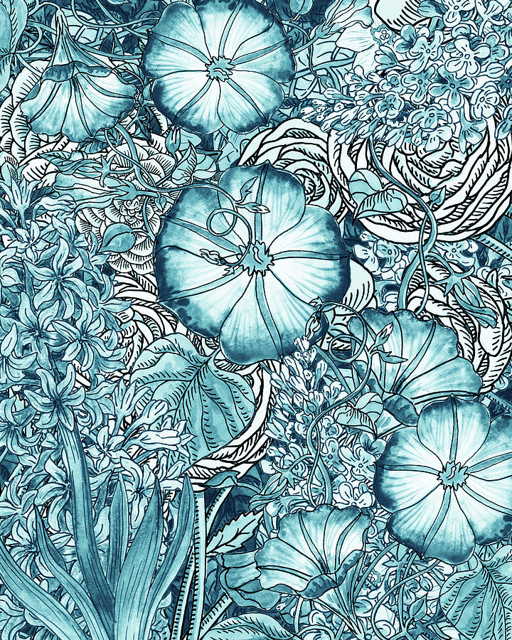 Teal Blue Watercolor Botanical Flowers Garden Pattern Flowerbed VI Painting by Irina Sztukowski