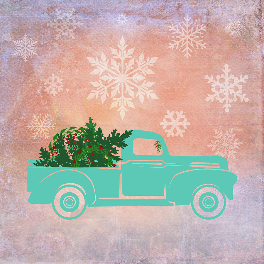 Holiday Digital Art - Teal Christmas Truck by Tina Lavoie