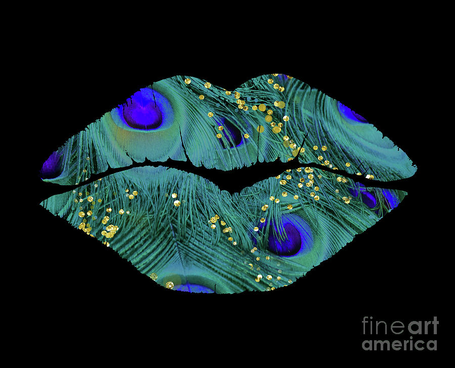Teal Peacock Lips kissing mouth fashion art Painting by Tina Lavoie