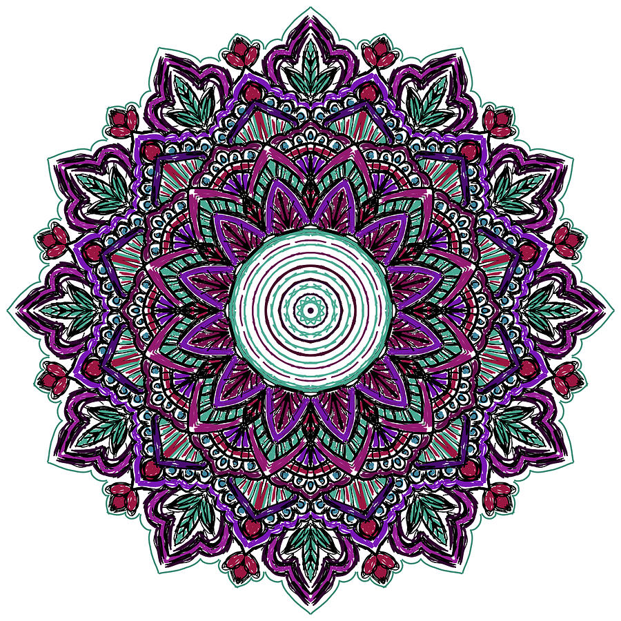 Teal Purple Scribble Mandala Mixed Media by Delyth Angharad