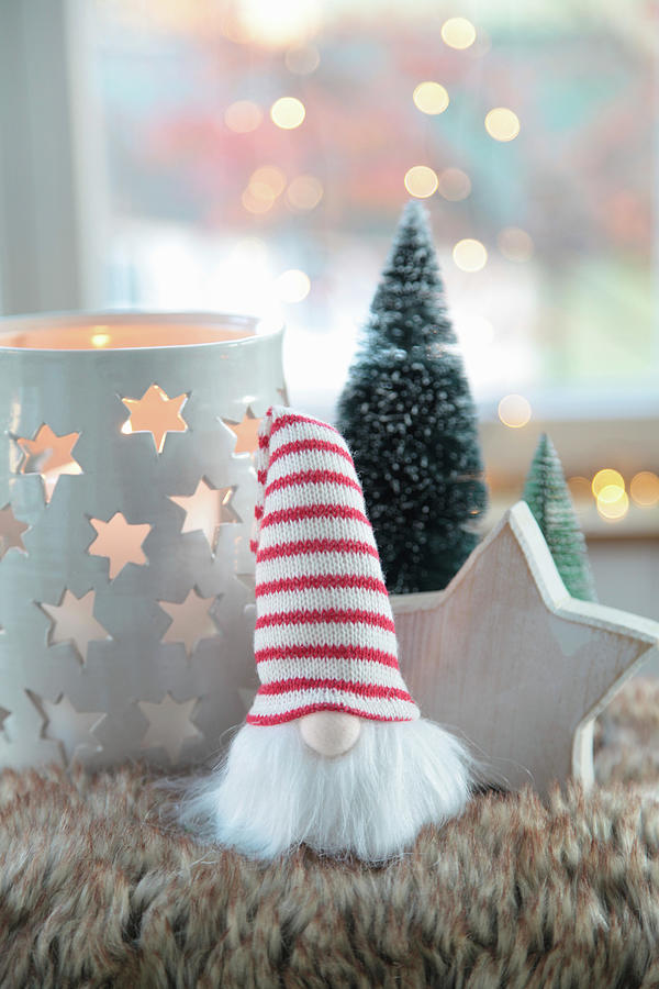 Tealight Holder, Wooden Star And Gnome With Knitted Cap Photograph by Sonja Zelano