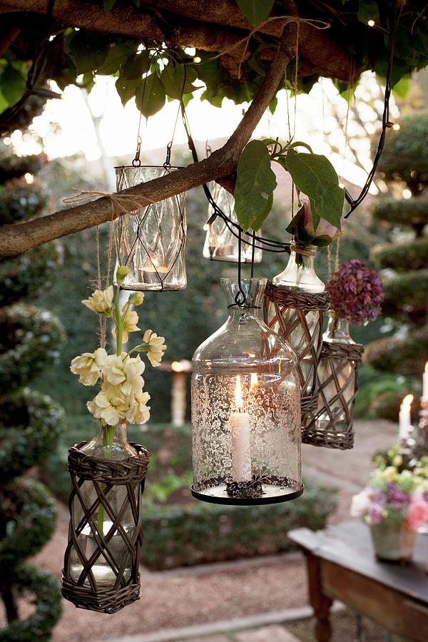 Tealight Holders And Lit Candle Lanterns Hanging In Tree Photograph by Great Stock!