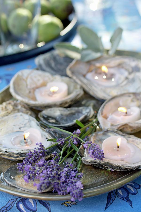 Tealights In Oyster Shells And Lavender Decorating Table Photograph by Angela Francisca Endress