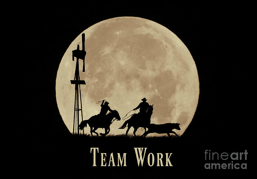 Team Work, Team Ropers And Moon Photograph by Stephanie Laird