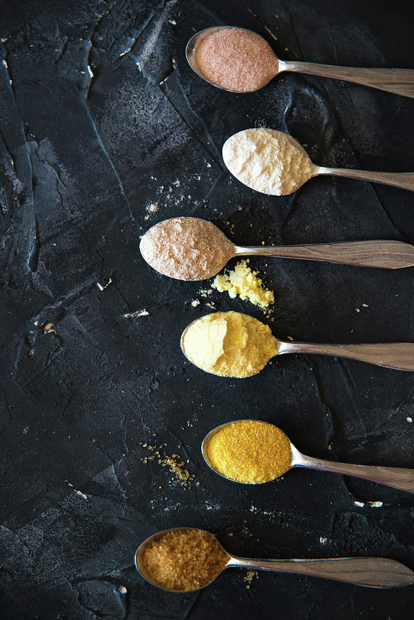 Teaspoons With Types Of Corn Flour Wheat Flour Buckwheat Sugar And Salt Photograph by Karolina Polkowska